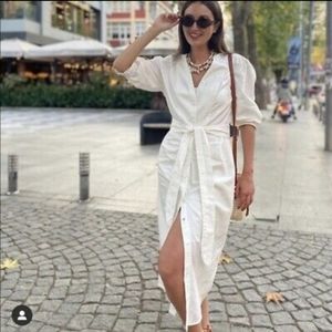 Zara Linen Blend Rustic Midi Tie Waist Dress White Womens Size L
